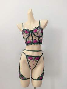 Flower Embroidery Hollow Out Sexy Lingerie Set For Going Out - Green - View 3
