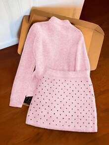 Franclia 女士优雅蝴蝶结针织毛衣和波点半裙两件套，秋冬款 - 粉色 - 查看 2