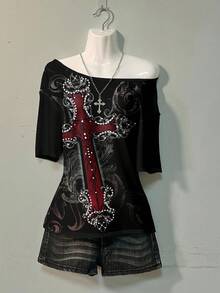 Attitoon Casual Minimalist Cross Full Print Off-Shoulder Loose Women T-Shirt,Graphic Tees - Multicolor - View 6