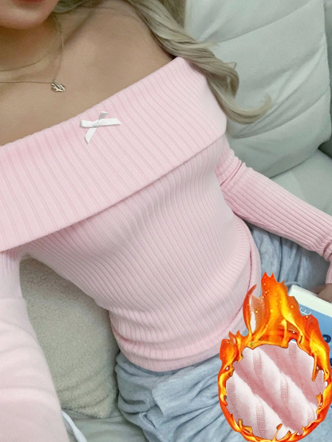 SHEIN EZwear 女士粉色罗纹针织露肩修身T恤，带蝴蝶结，性感百搭，适合派对、夜店、约会、圣诞节、新年、返校季和舒适春季穿着，打造甜美少女风。 - 粉色 - 查看 1
