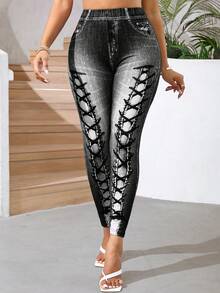 SHEIN Lady 女士弹力玉米图案系带休闲打底裤 - 黑色 - 查看 7