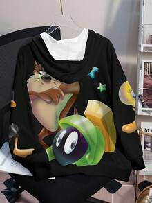 LOONEY TUNES X SHEIN Plus Size Women Casual Street Funny Cartoon Letter & Star Print Drop Shoulder Loose Thermal Lined Sweatshirt, Autumn/Winter - White - View 2