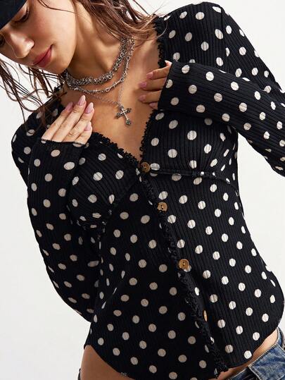 Bohemela Classic Polka Dot Print V-Neck Long Sleeve T-Shirt For Women, Casual, Suitable For New Year, Christmas, Valentine's Day,Polka Dot Top