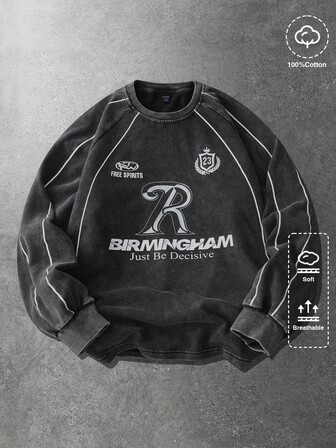 Camiseta de manga larga con gráfico en inglés lavado vintage, ropa casual de calle unisex