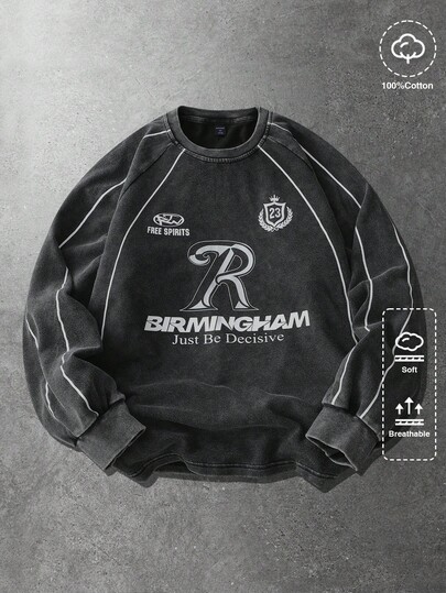 T-shirt à manches longues unisexe vintage lavé avec graphique anglais, streetwear décontracté