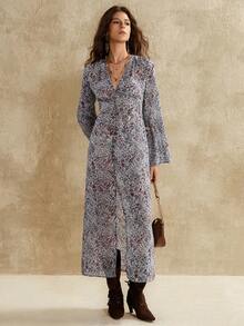 Florisole 女士时尚度假休闲佩斯利印花高开衩连衣裙 - 棕色 - 查看 5