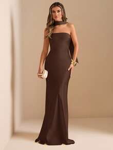 SHEIN BAE 优雅无肩带露背连衣裙，配腰带，性感纯色奶油黄色正式礼服，适合派对、鸡尾酒会、婚礼、生日、伴娘等场合 - 咖啡棕 - 查看 7