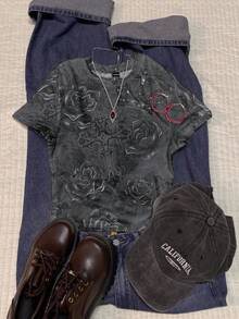 Attitoon Áo thun nữ cổ tròn rộng rãi họa tiết vương miện hoa hồng tông màu xám phong cách Punk cổ điển giản dị, thích hợp cho mùa thu/đông, phong cách cổ điển, gợi cảm, dễ thương, Y2K, cô gái dừa, boho, hippie, lễ hội âm nhạc - Nhiều màu - Xem 2