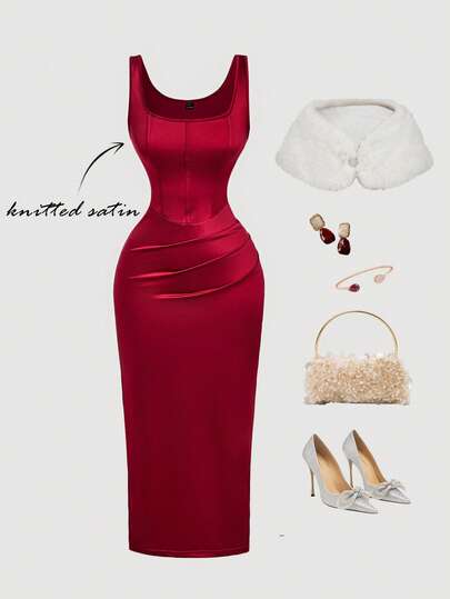 SHEIN MOD Vestido de satén ajustado para mujer, vestido burdeos, adecuado para Año Nuevo, fiesta, Día de San Valentín, vestido formal, vestido midi con corsé, vestido de invierno, vestido de Año Nuevo, vestido de Nochevieja, vestidos elegantes para fiesta, vestido rojo de Día de San Valentín, vestido rojo elegante, atuendo para cita nocturna, Día de San Valentín, vestido de primavera