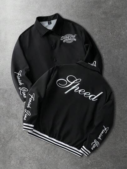 Prep Chaqueta casual de hombre con estampado de letras, otoño