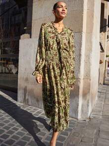 Maija Women's Full Print Frill Trim Tie Neck Long Sleeve Cinched Waist Elegant Dress,Fall Dresses For Women - Multicolor - View 3