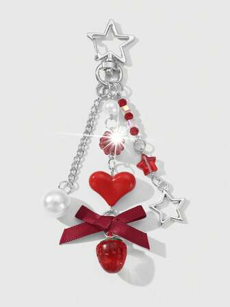 Kawaii 1 pieza Estilo Ins Delicado Minimalista Estrella Hueca Lazo Perla Falsa Fresa Colgante de Resina Llavero, Versátil para Niñas y Mujeres para Uso Diario, Regalo Ideal