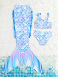 Sparklyn Young Girls Swimsuit Set, Cute Mermaid Swimsuit, Girls Beach Holiday Tankini Swimwear With Skirt - Blue - View 5
