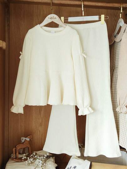 Vintaside Kids 2pcs/Set Girls Apricot Bow Sleeve Hem Decor Top And Wide Leg Pants Set (Plus Size)