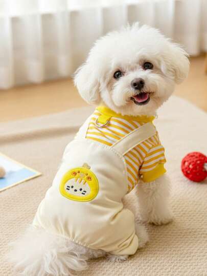 PETSIN 1 件秋冬季黄色鸡条纹宠物连体衣带牵引扣，厚实保暖的四脚幼宠衣服