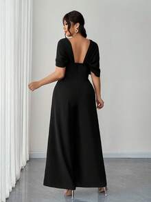 Elenzga 大码女式优雅浪漫休闲不对称领口修身直筒连体裤