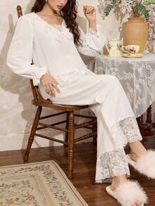 Côtesoire 法式优雅蕾丝拼接睡衣套装，宽松版型，展现迷人南法风情，女士长袖长裤睡衣套装，秋季款 - 白色 - 查看 6