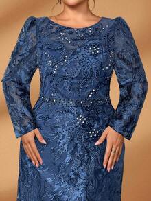 Serin Stunning Plus Size Mother Of The Bride Navy Blue Maxi Dress Mesh Fabric Long Sleeve Round Neck A Line - Navy Blue - View 3