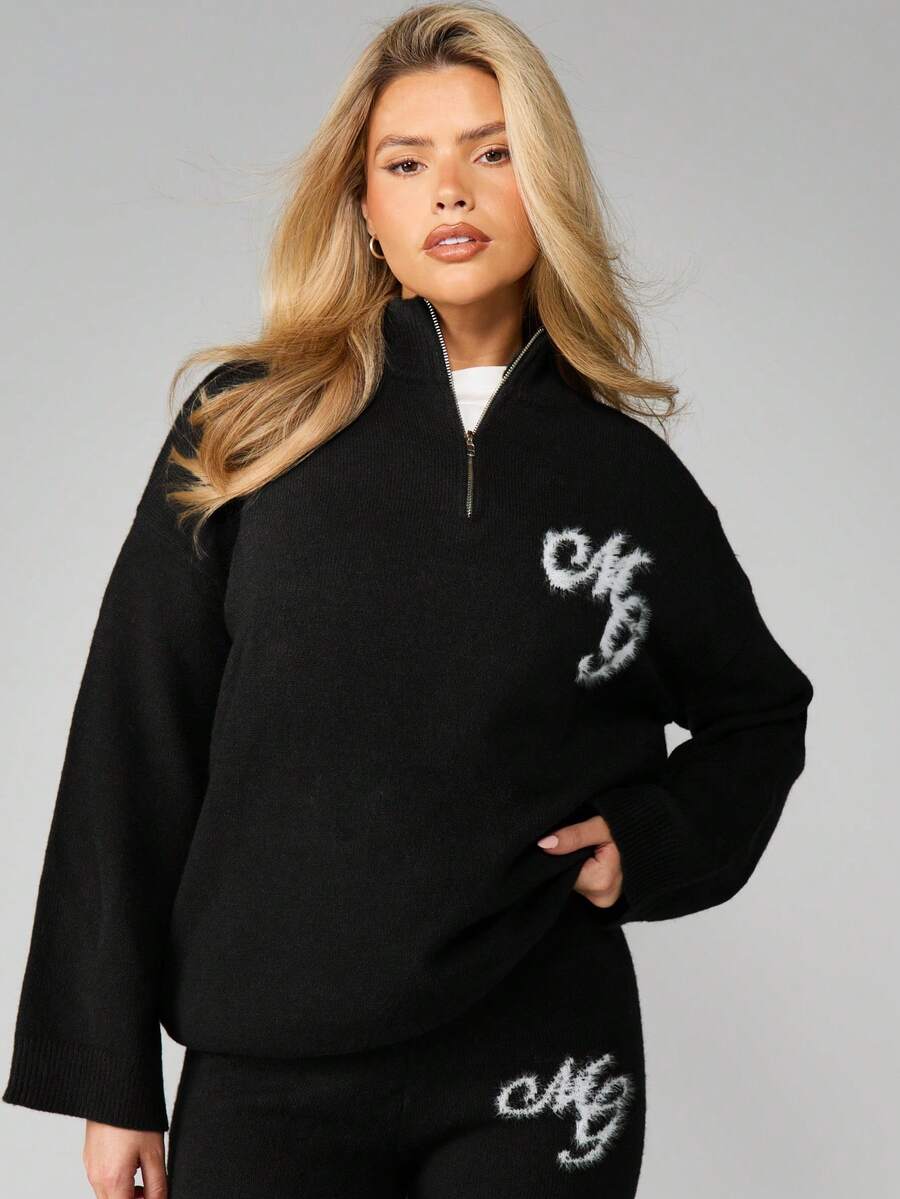 MISSGUIDED 宽松四分之一拉链套头衫,饰有品牌标志,罗纹领口,长袖针织衫,秋冬款 - 黑色 - 查看 1