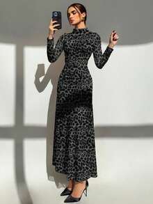 Aloruh Women's Leopard Print Stand Collar Fitted Elegant Long Sleeve Dress - Dark Grey - View 4