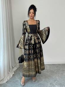 Rafferiza 女士优雅方领金色箔印花卉图案喇叭袖连衣裙，秋季 - 黑色 - 查看 6