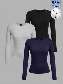 Tseoso Bộ 3 áo thun dài tay cổ tròn ôm vừa vặn thường ngày dành cho nữ, 95% cotton, đen, xám pha, xanh navy - Nhiều màu - Xem 2