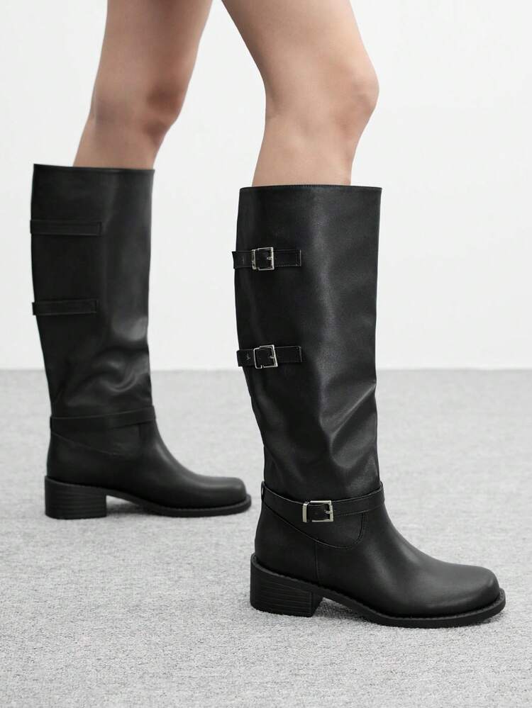 CUCCOO BIZCHIC Women's Round Toe Platform Thick Sole Black PU Slip-On Boots With Buckle Decor, Fashionable, Comfortable For Casual, Party, Daily Wear For Christmas