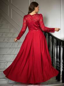 Ellevyn 大码纯色垂褶领长袖收腰优雅连衣裙 - 紅色 - 查看 7