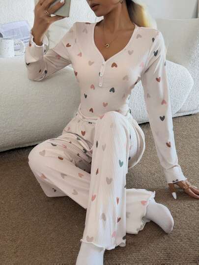 Dream Adore Women's V-Neck Button Decor Heart Print Knit Long Sleeve Pajama Set