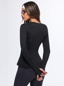 Eassivo Eassivo Sport Casual Solid Color Long Sleeve Sports T-Shirt With Ruffled Hem - A Blend Of Fashion And Sport, Women's Gym Shirt - Black - View 5