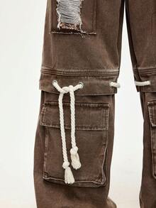 ROMWE MEN Street Life Men's Brown Distressed Lace-Up Straight Leg Jeans - Brown - View 2