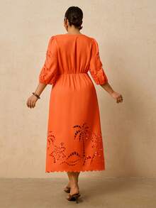 Travachic Plus Size Women Orange Maxi Dress, Round Neck Long Sleeve Embroidered Hollow Out Waist Cinched A-Line Dress, Romantic Date Travel Dress For Early Spring Casual Dress For Women Orange Dress