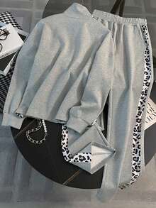 Franclia Women's Casual Fashion Street Chic Leopard Print Patchwork Zip-Up Stand Collar Jacket And Straight Leg Pants Set, Spring/Autumn - Grey - View 2