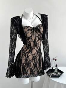 Elamini 2pcs/Set Elegant Lace Black Long Sleeve Top With Ruffle Trim & Contrast Lace Inset Slip Dress, Casual Daily Versatile Fashion Outfit, Autumn/Winter - Multicolor - View 3