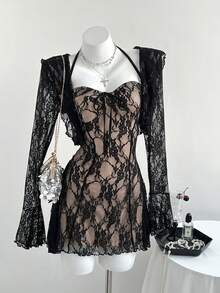 Elamini 2pcs/Set Elegant Lace Black Long Sleeve Top With Ruffle Trim & Contrast Lace Inset Slip Dress, Casual Daily Versatile Fashion Outfit, Autumn/Winter - Multicolor - View 6