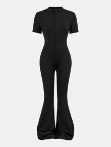 少女休闲纯色拉链喇叭连体裤