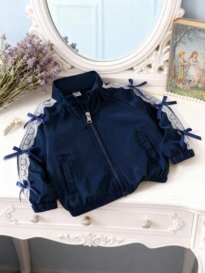 SHEIN 1pc Baby Girl Sweet Cute Fashion Navy Blue Contrast White Lace Trim Ribbon Bow Knot Decor Long Sleeve Stand Collar Full Zip Up Jacket Bomber Coat Soft Texture Lightweight Outerwear Windbreaker Tops Clothes For Outdoor School Party Daily Wear Spring Fall Winter