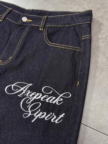 ROMWE MEN Street Life Quần jean ống rộng in họa tiết phong cách đường phố dành cho nam - Màu xanh lam - Xem 5