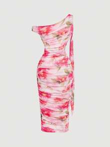 SHEIN MOD 女士碎花荷叶边下摆金属纽扣中长连衣裙 - 彩色 - 查看 3
