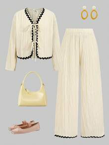 SHEIN Tween Girl Ivory French Puff Sleeve Ruffle Bow Blouse And Elastic Waist Pants Set, Long Sleeve Long Pants Set, Casual Vacation Outfit