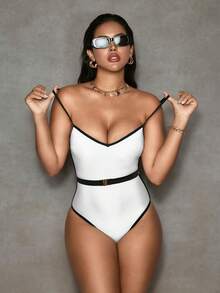 Shapewave Women's White Shiny & Black Trim Matching Black Metal Belt Backless Criss-Cross Strap Design One Piece Swimsuit, Fashionable Fitted Beach Vacation Swimsuit - White - View 6