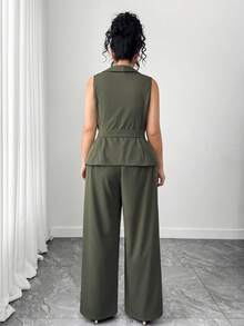 Elenzga Damen eleganter Blazer mit Kragen, V-Ausschnitt, Langarm, Gürtel und Knöpfen und gerade, weite Hose als Anzug-Set - Armeegrün - Übersicht 2