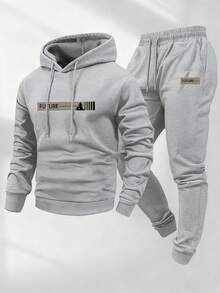 Manfinity Homme 男士休闲字母印花抽绳连帽卫衣和运动裤两件套，保暖内衬，适合日常通勤，秋冬季穿着 - 灰色 - 查看 4
