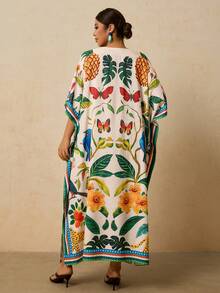 Travachic Đầm Kaftan họa tiết hình học cổ chữ V tay cánh dơi dáng rộng thoải mái cho nữ đi nghỉ mát cỡ lớn - Nhiều màu - Xem 2