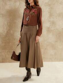 女士棕色纹理梭织长袖修身落肩花卉刺绣休闲衬衫，适合日常通勤和休闲穿着 - 咖啡棕 - 查看 7