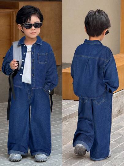 SHEIN 2pcs Young BoyGray Denim Lapel Long Sleeve Shirt And Loose Fit Pants Set