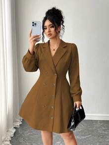 Elenzga Đầm Blazer cổ bẻ tay dài thanh lịch hai hàng khuy cỡ lớn cho nữ - Màu nâu  Mocha - Xem 5