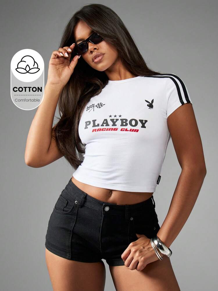Missguided x Playboy Retro Racing Baby Tee Short Sleeve
