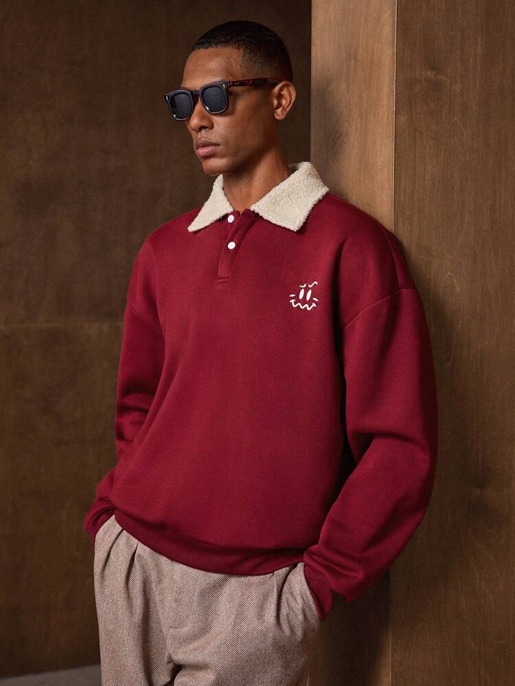 Men's Date Red Long Sleeve Cartoon Embroidered Casual Polo Shirt Polo Men Sweater Polo Men Men Buttoned Knitted Polo Long Sleeve Polo Men Rugby Shirt Polo