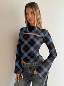 Aloruh 喇叭袖性感开衩复古格纹印花T恤，女士百搭秋冬上衣 - 彩色 - 查看 3